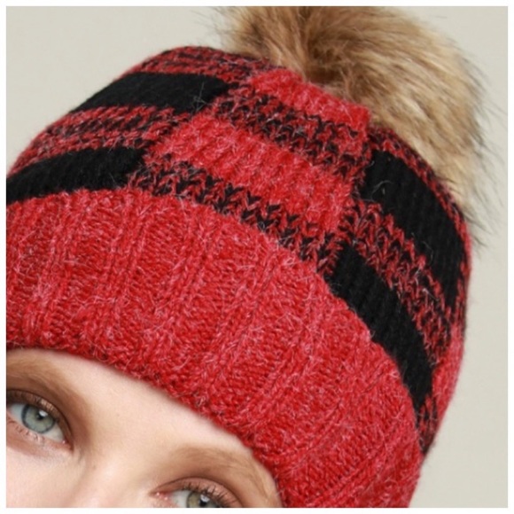 FUR LINED | Red buffalo plaid faux fur pom beanie - Picture 2 of 2